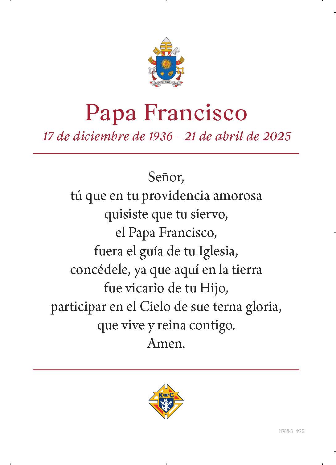 Tarjeta de oración del Papa Francisco