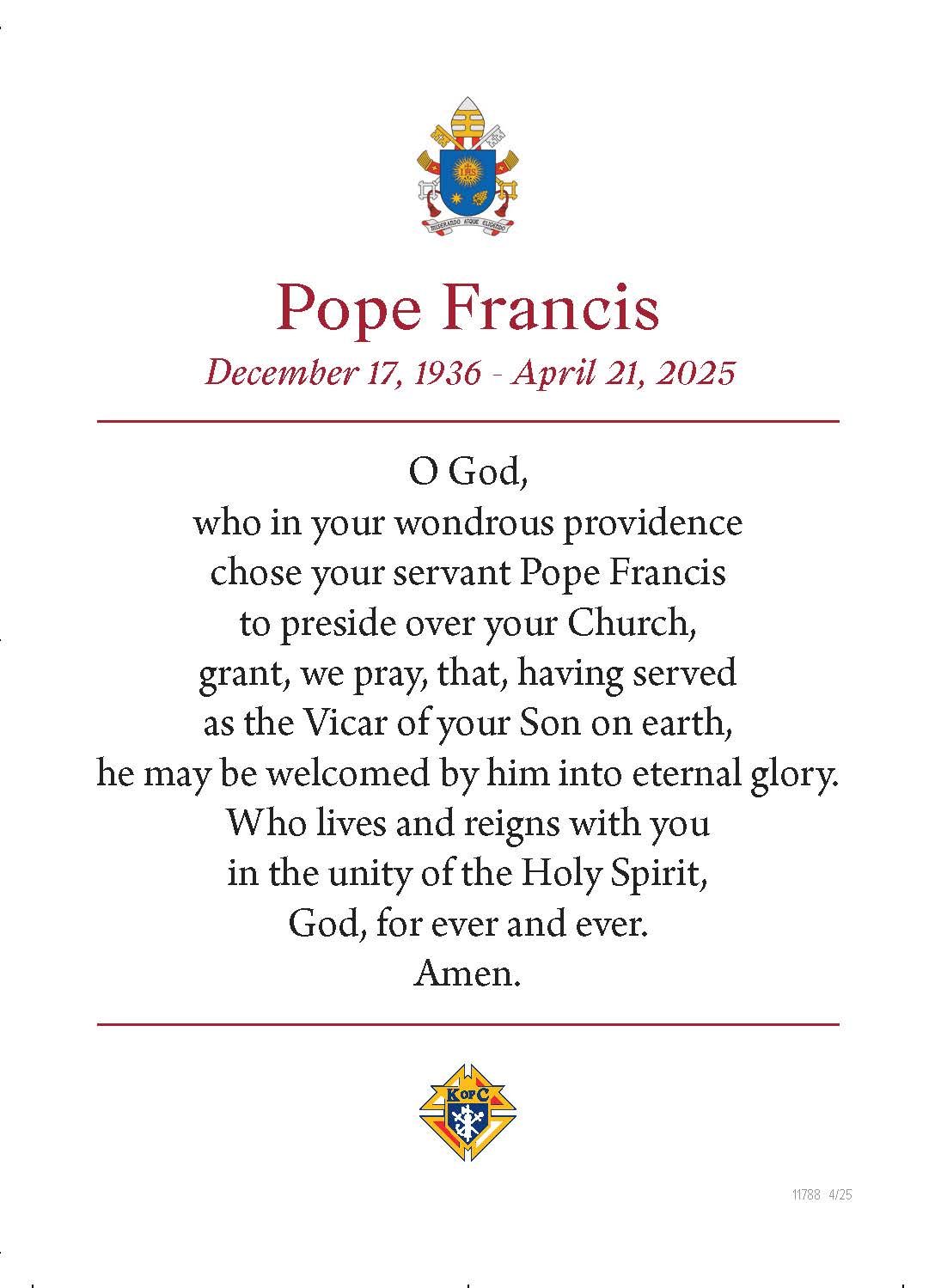 Tarjeta de oración del Papa Francisco