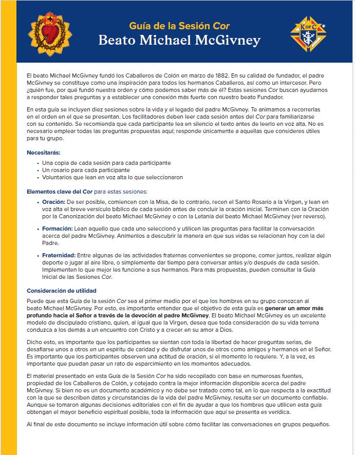Guía de sesiones de McGivney Cor